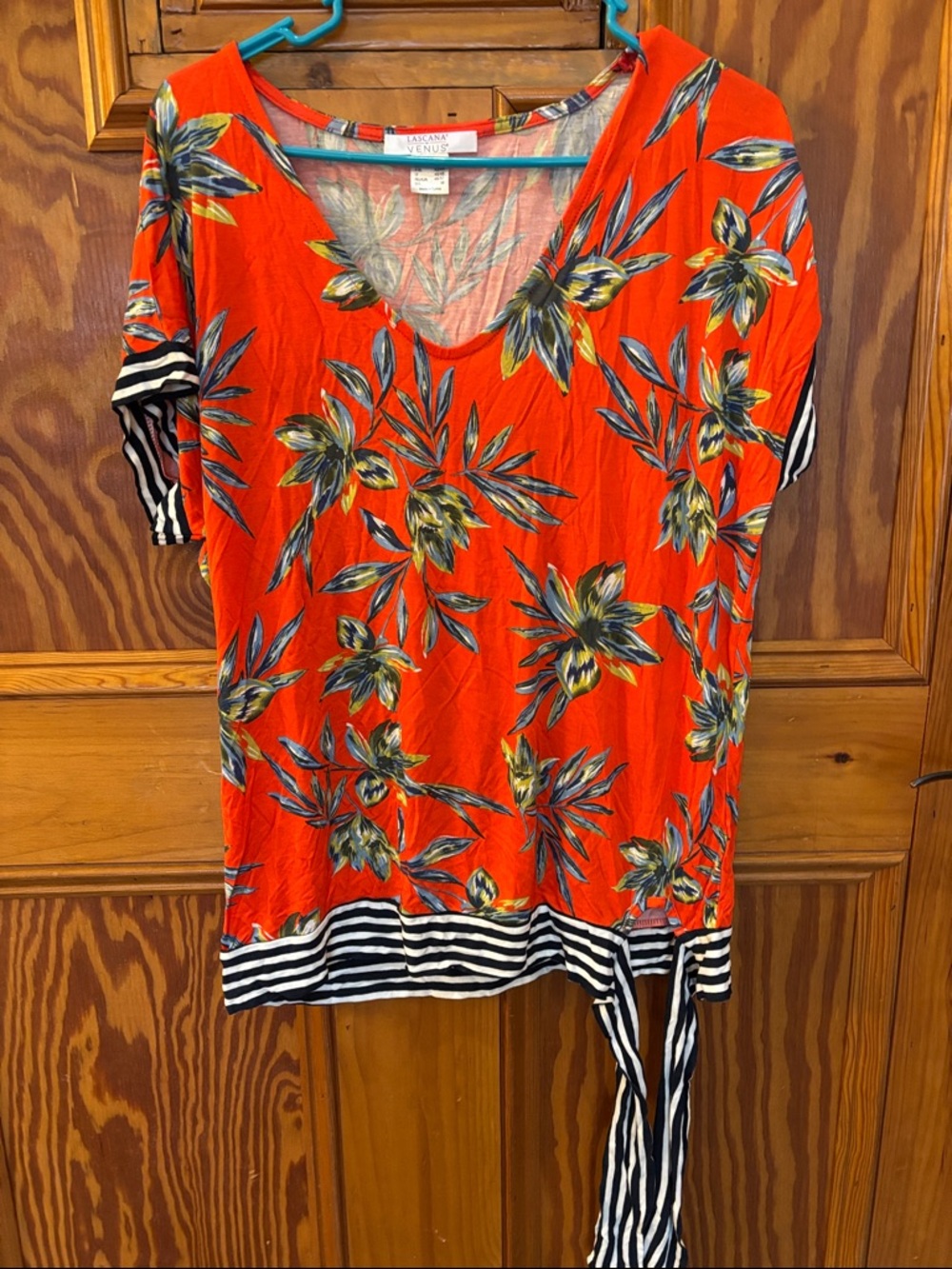 Bright Red Floral V-Neck Blouse with Striped Tie Hem